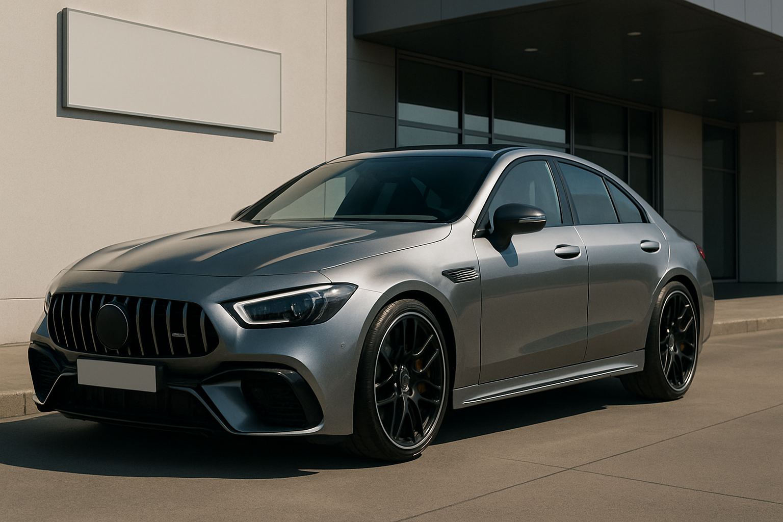 A sleek silver sedan with dark-tinted windows and black alloy wheels parked beside a modern building in bright sunlight