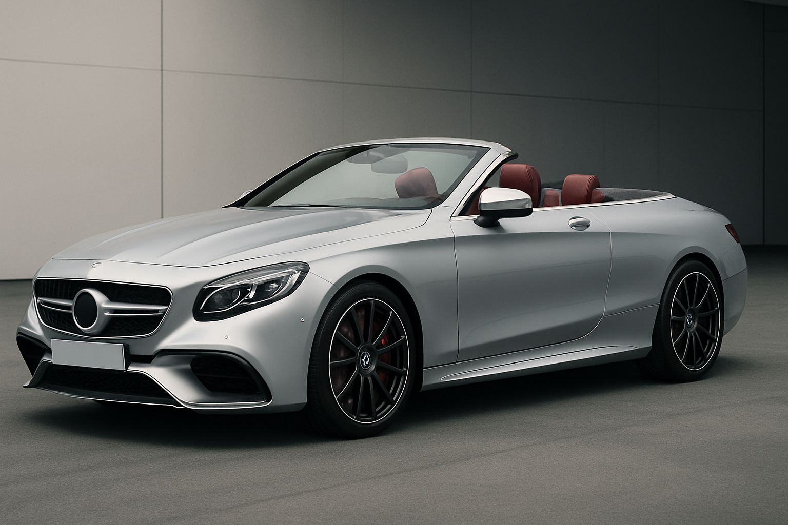 Sleek silver convertible car with red leather interior parked in a minimalist, shadowed concrete setting