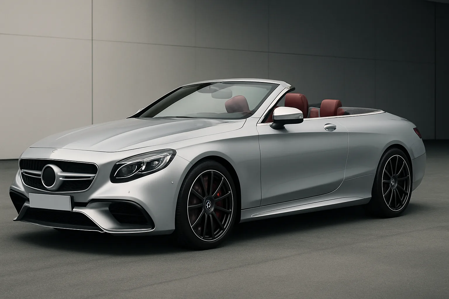 Sleek silver convertible car with red leather interior parked in a minimalist, shadowed concrete setting