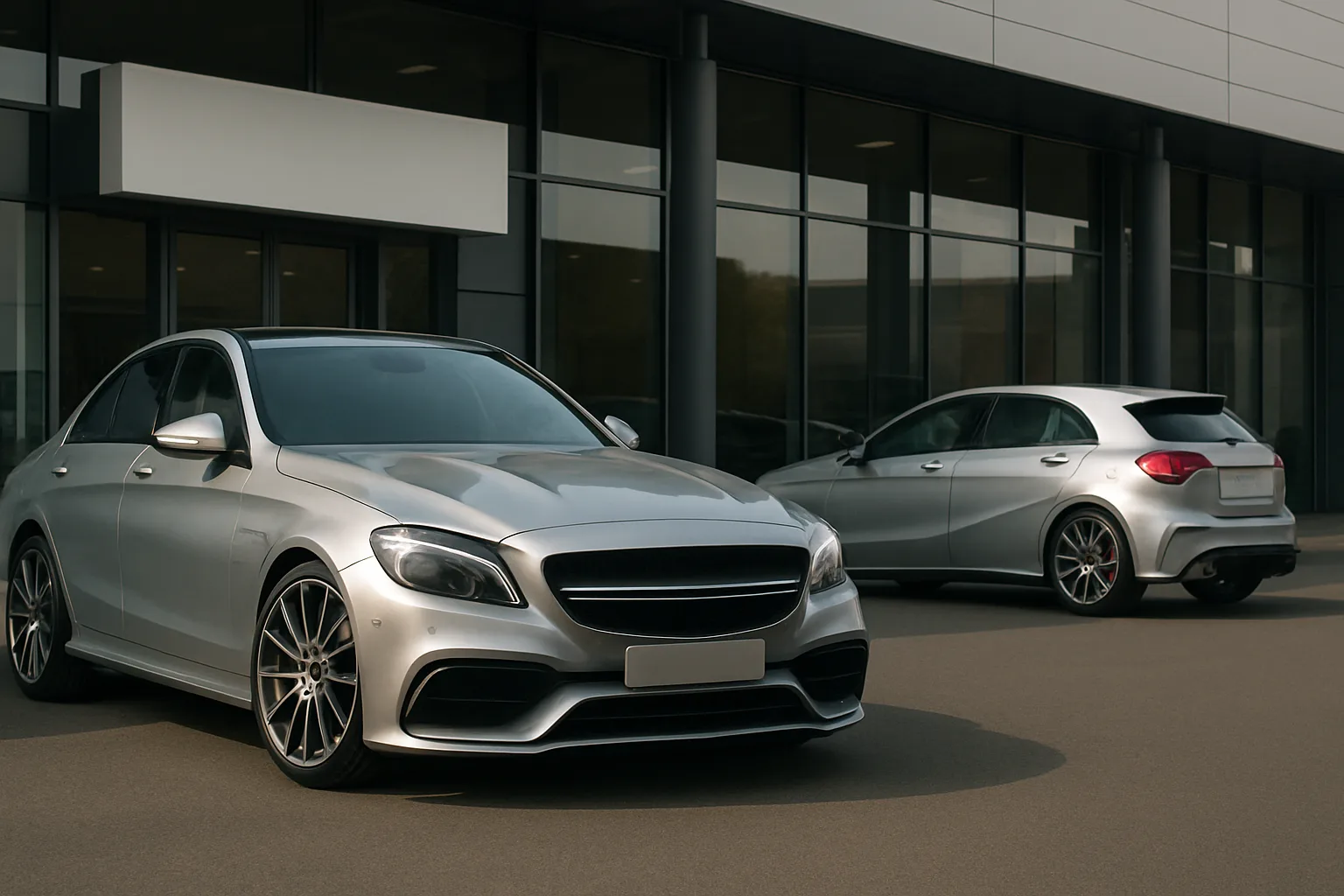 Two sleek silver cars parked outside a modern glass-fronted building in soft daylight, casting muted reflections on the ground