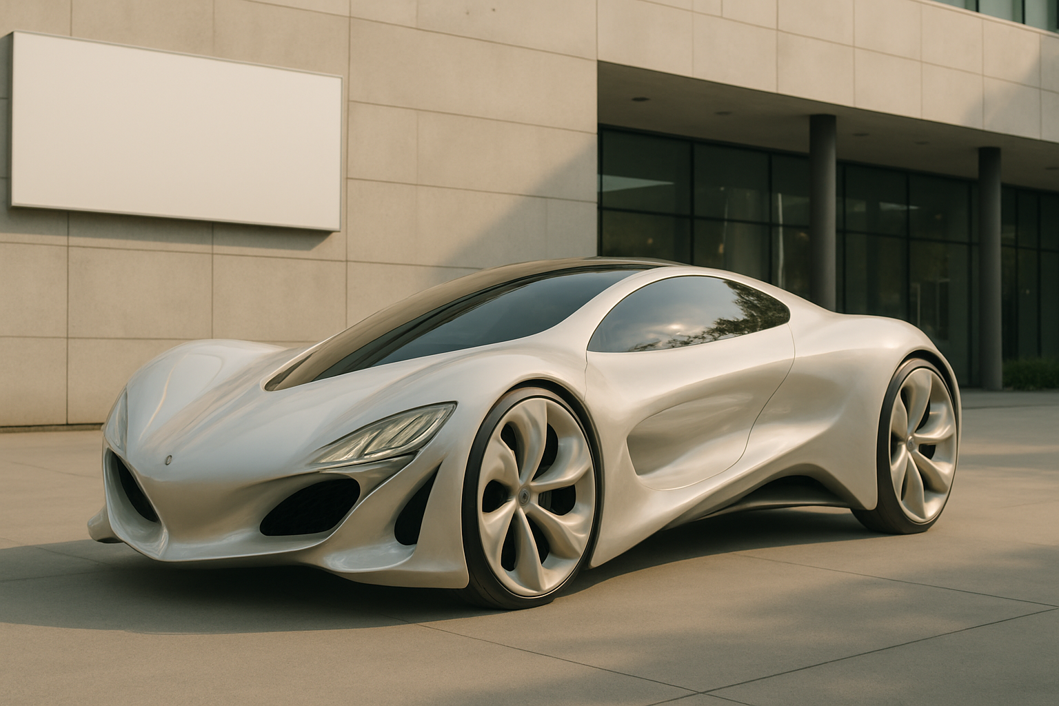 Futuristic silver vehicle with flowing organic curves and large aerodynamic wheels parked by a modern building