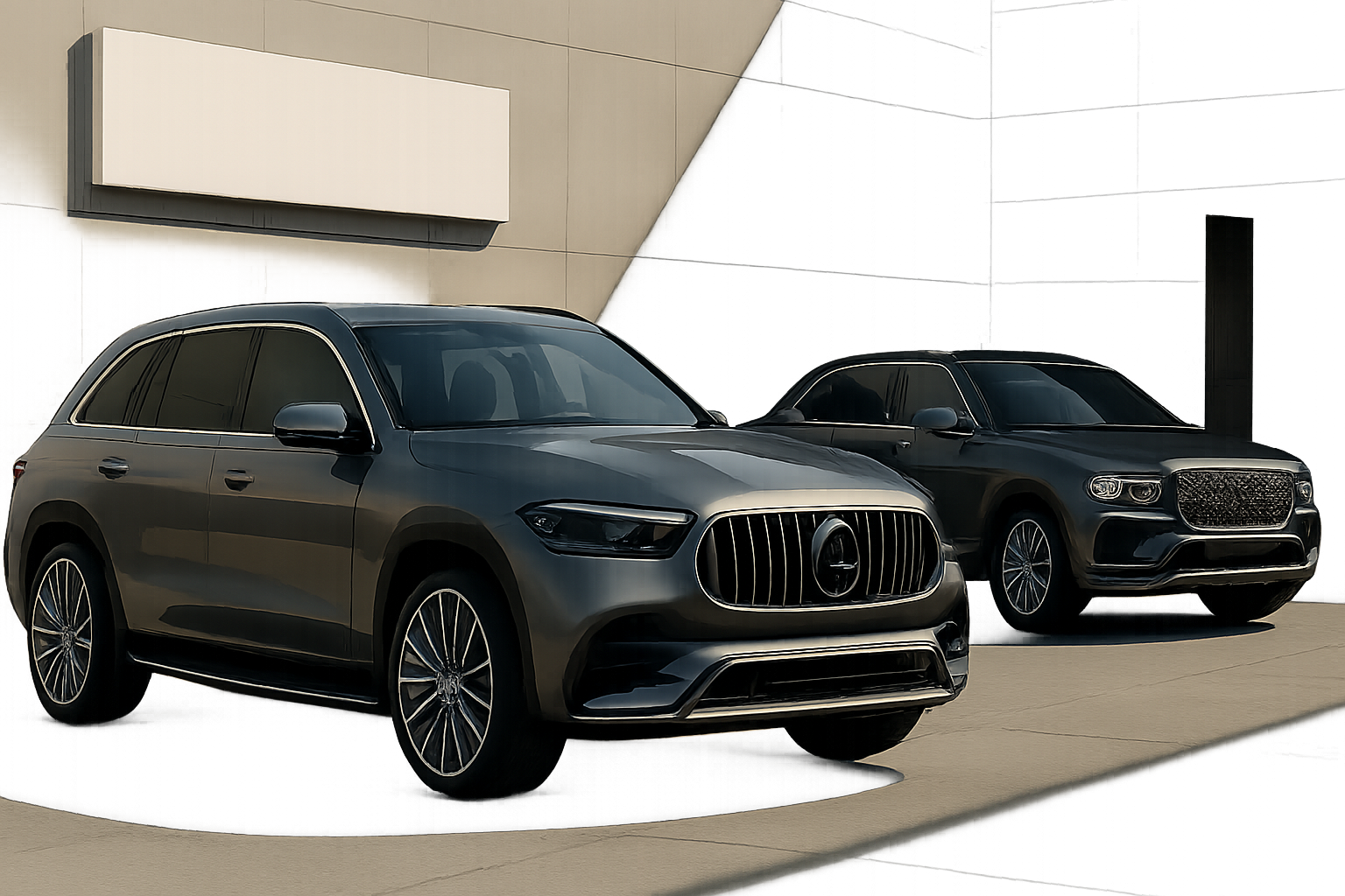 Two large, dark grey luxury SUVs with prominent grilles and sleek styling parked in sunlight against a neutral modern wall
