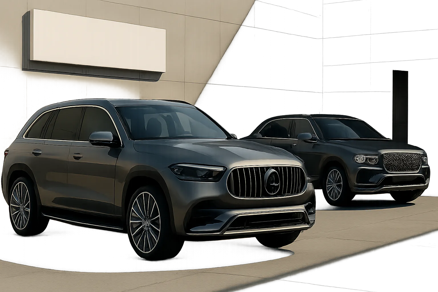 Two large, dark grey luxury SUVs with prominent grilles and sleek styling parked in sunlight against a neutral modern wall