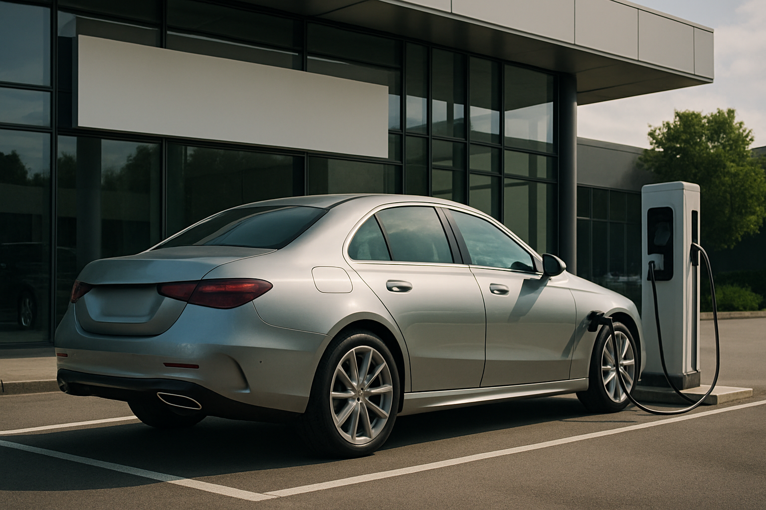 Sleek silver sedan parked at a charging station outside a modern glass-fronted building in soft daylight
