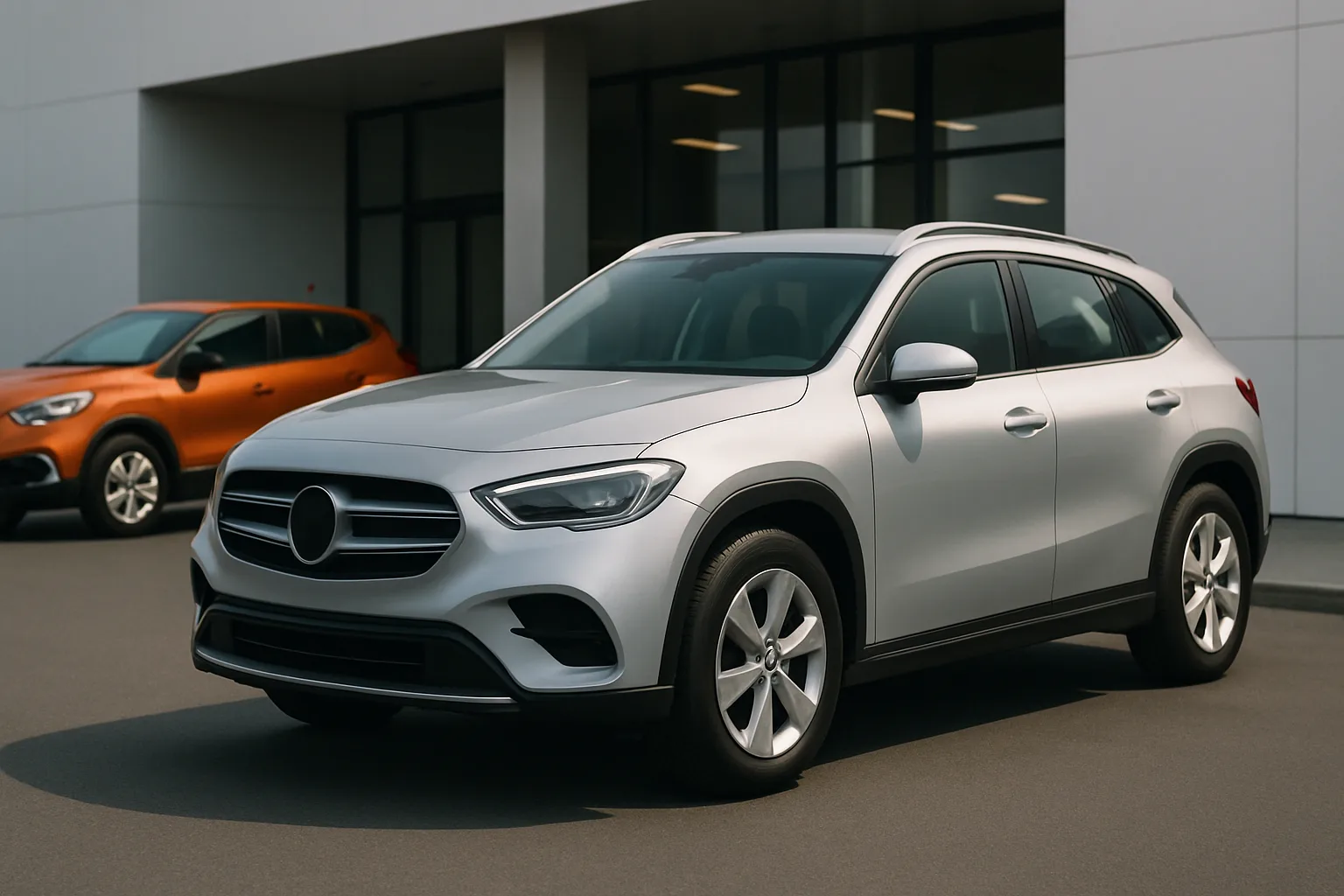 Silver compact crossover with blank grille emblem parked outside a modern white building, orange crossover in the background