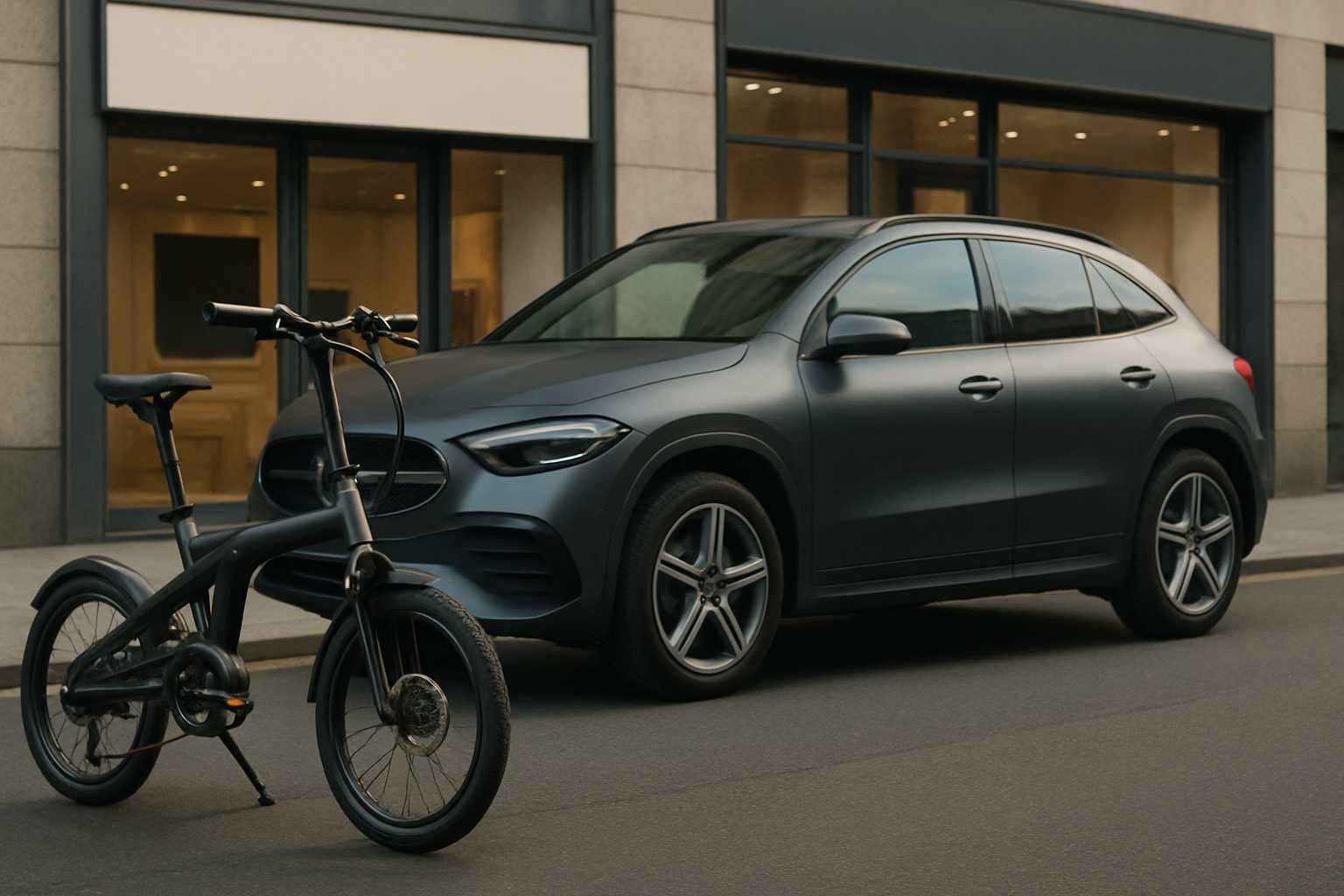 Matte black bicycle with compact frame and small wheels parked beside a dark grey SUV on a city street