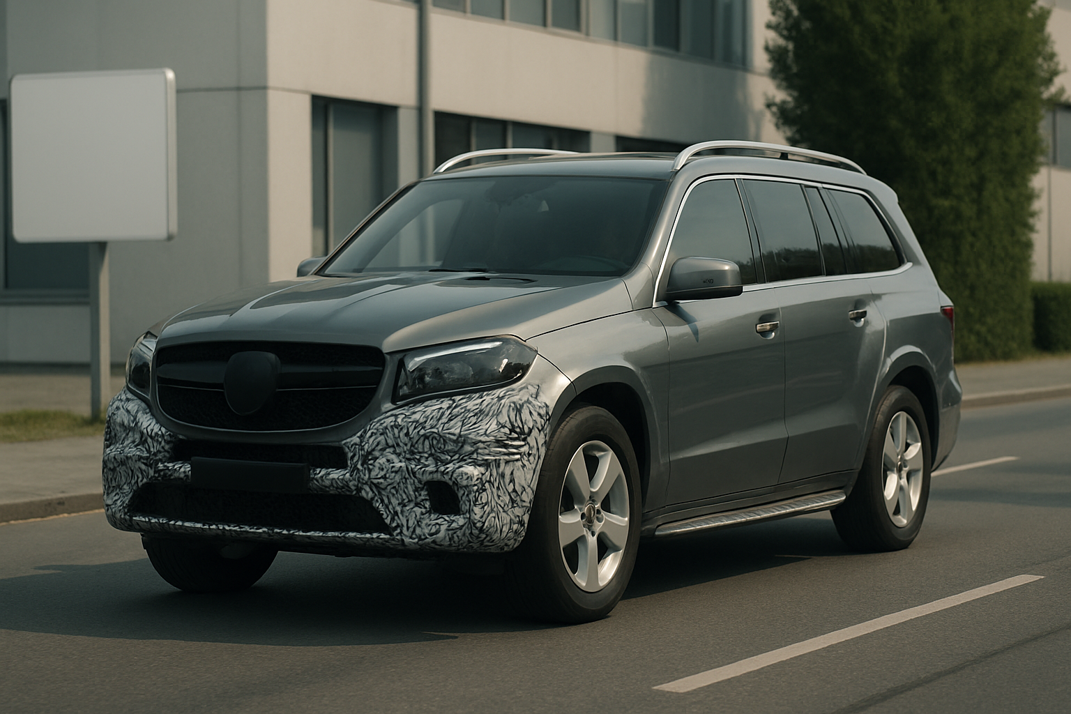 Large silver SUV with black-and-white camouflage on the front bumper and grille, parked on a quiet urban street