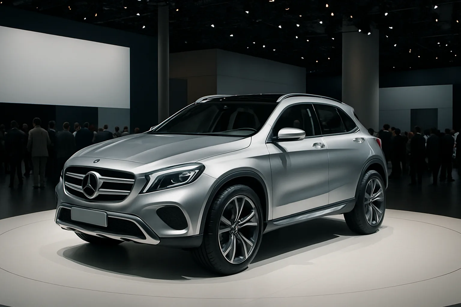 A sleek silver SUV with sculpted lines and large dark alloy wheels displayed on a circular white platform under spotlights