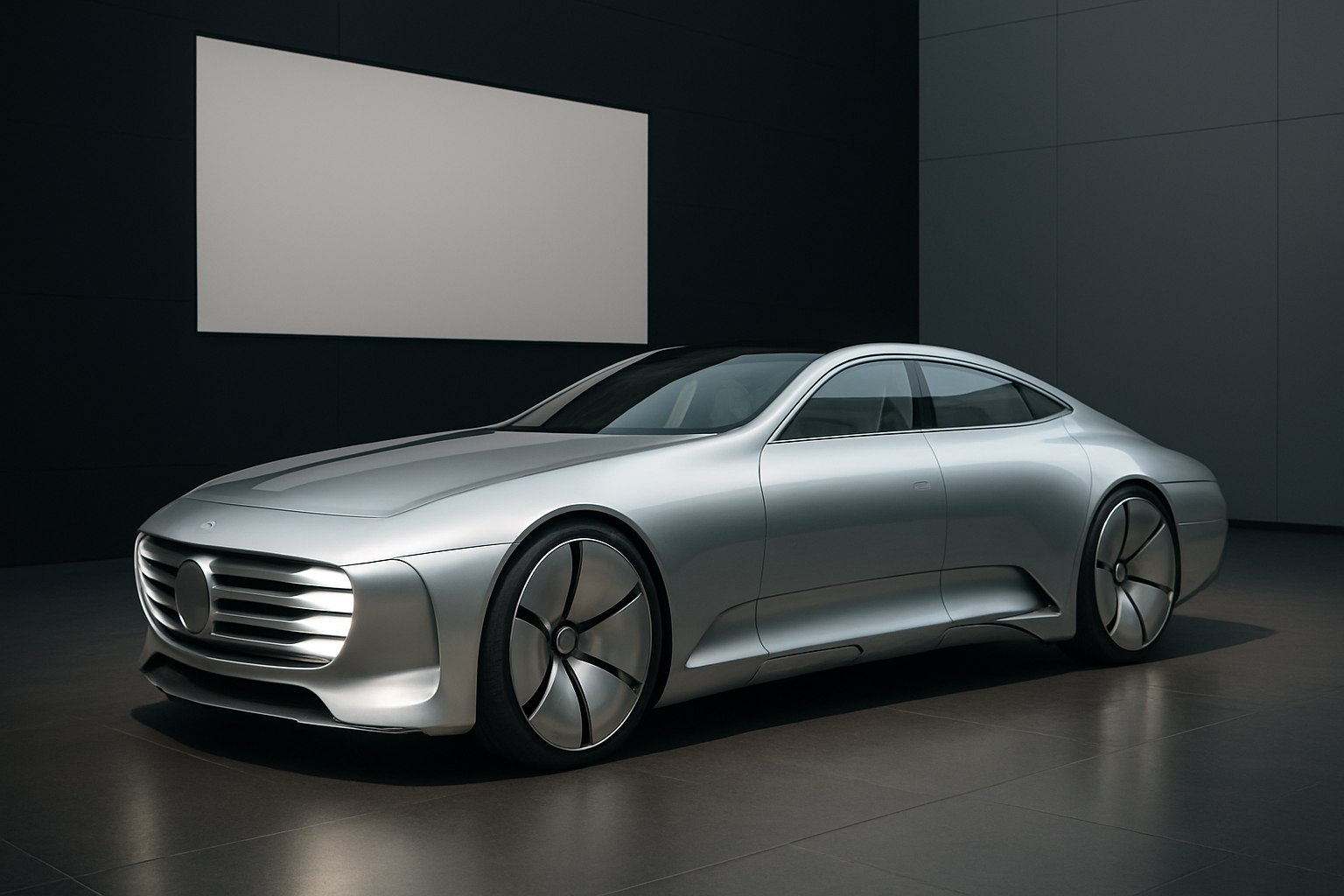 Futuristic silver concept car with smooth, aerodynamic lines on display in a minimalist, dark-walled showroom
