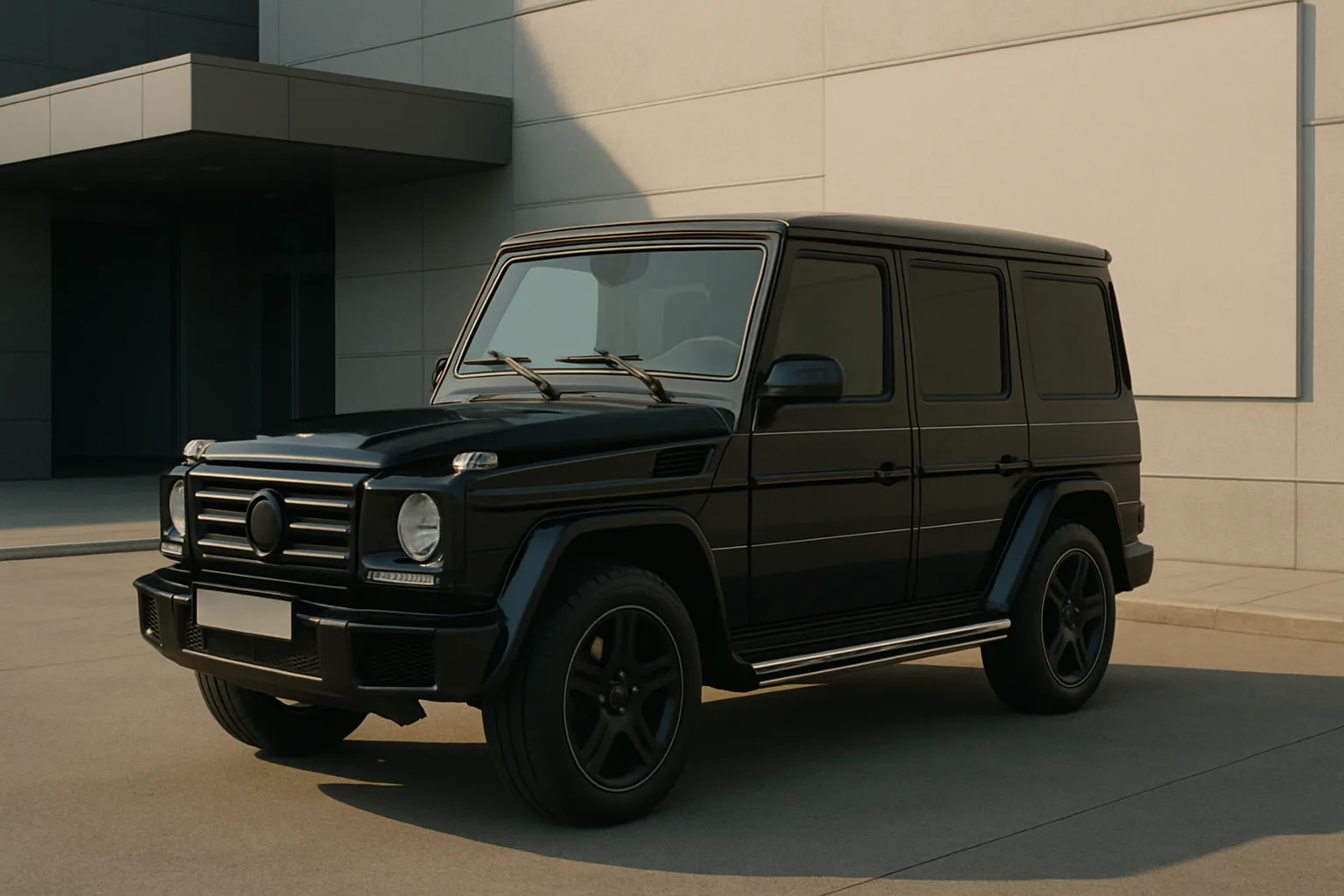 Glossy black boxy SUV with tinted windows and matte black wheels parked by a modern concrete building in soft daylight