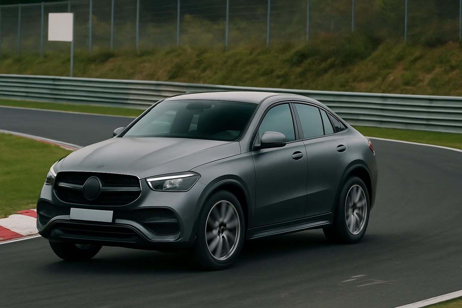 Matte grey SUV coupe with black grille and no badges driving on a racetrack with greenery and fencing in the background