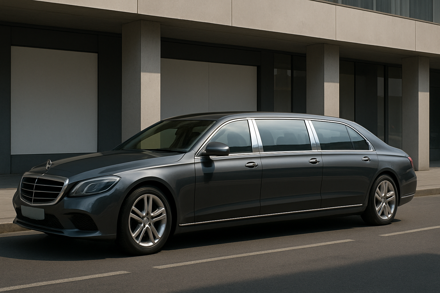 A long, dark grey luxury sedan with chrome trim parked by a modern building with large windows and concrete columns