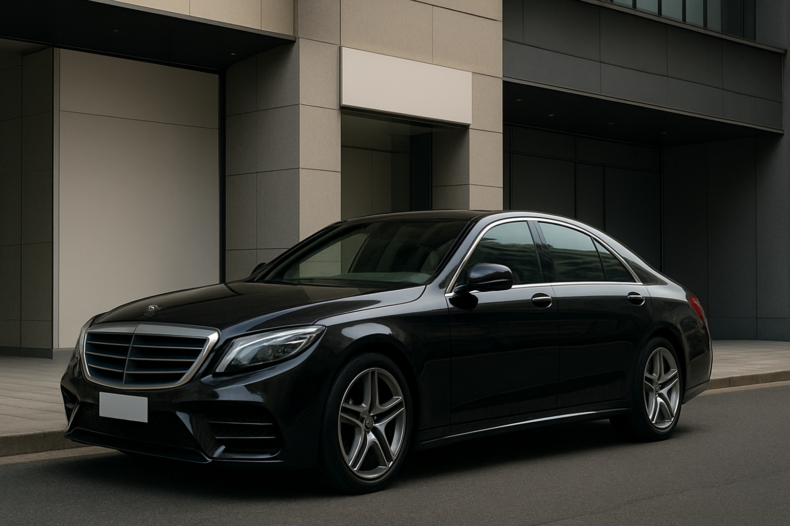 Sleek black luxury sedan with chrome accents parked on a city street beside a modern grey and white building façade