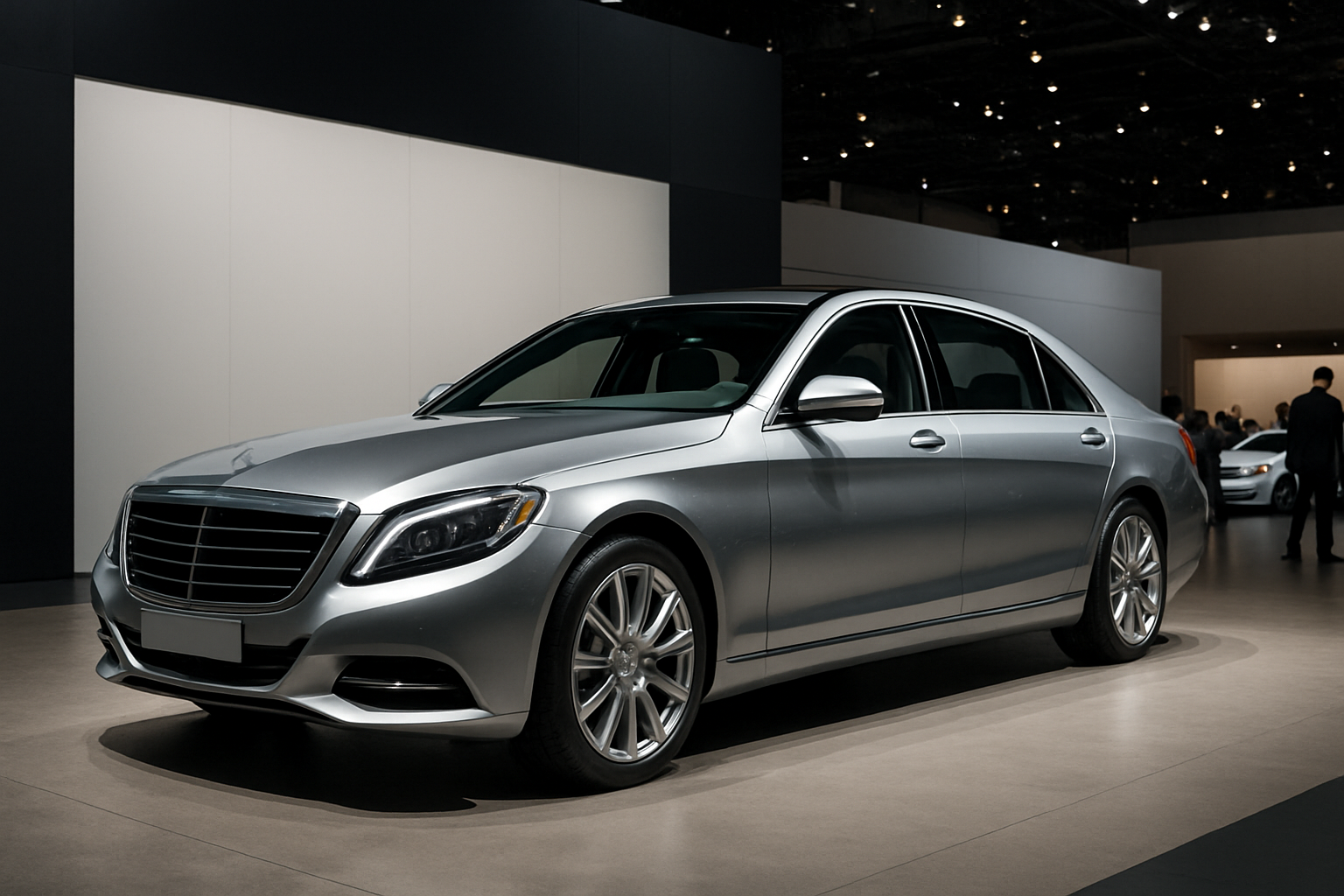 Silver luxury sedan on display in a brightly lit showroom with dark walls and a polished beige floor, people in the background