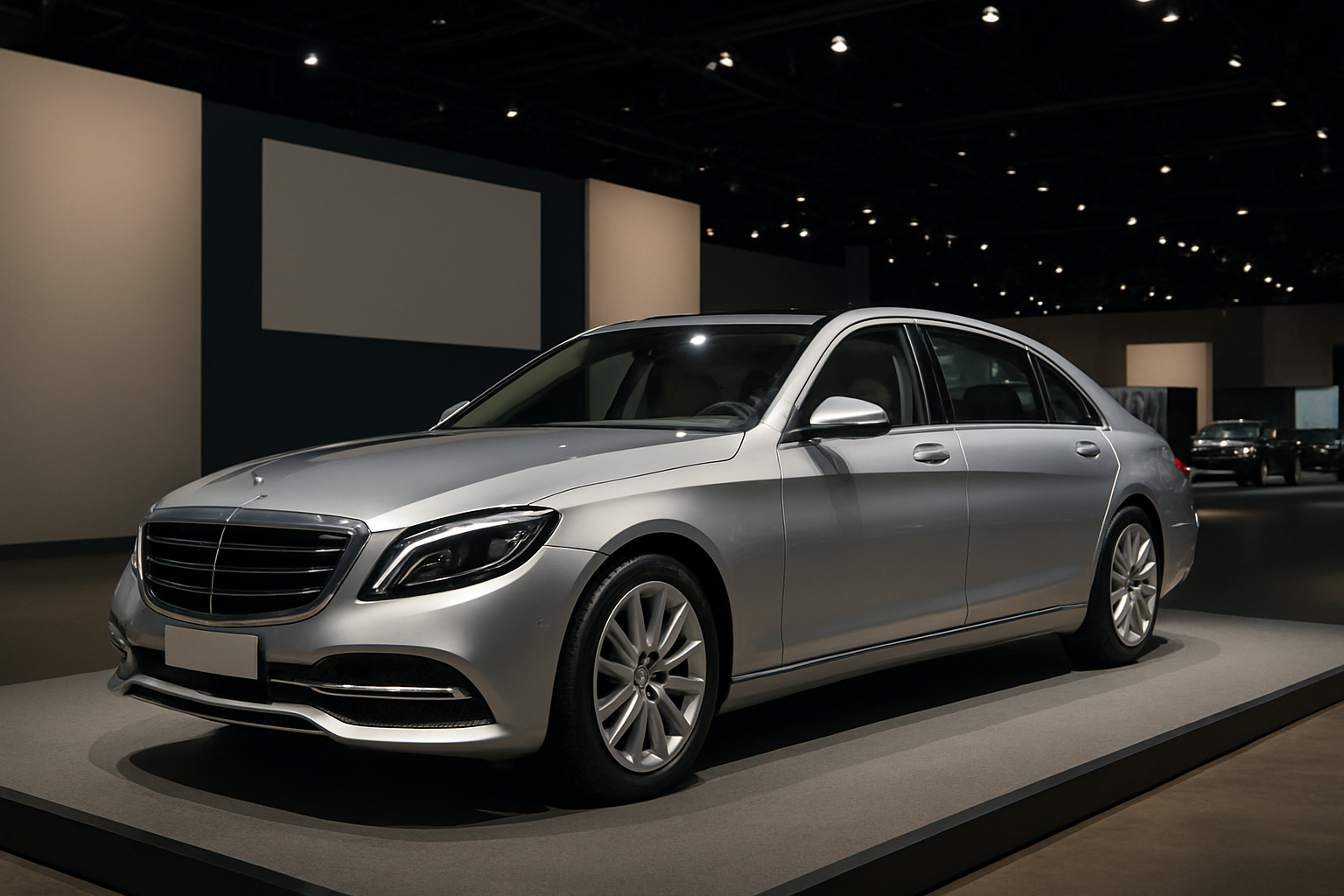 Sleek silver luxury sedan with chrome trim and large alloy wheels displayed under soft overhead lighting in a modern showroom
