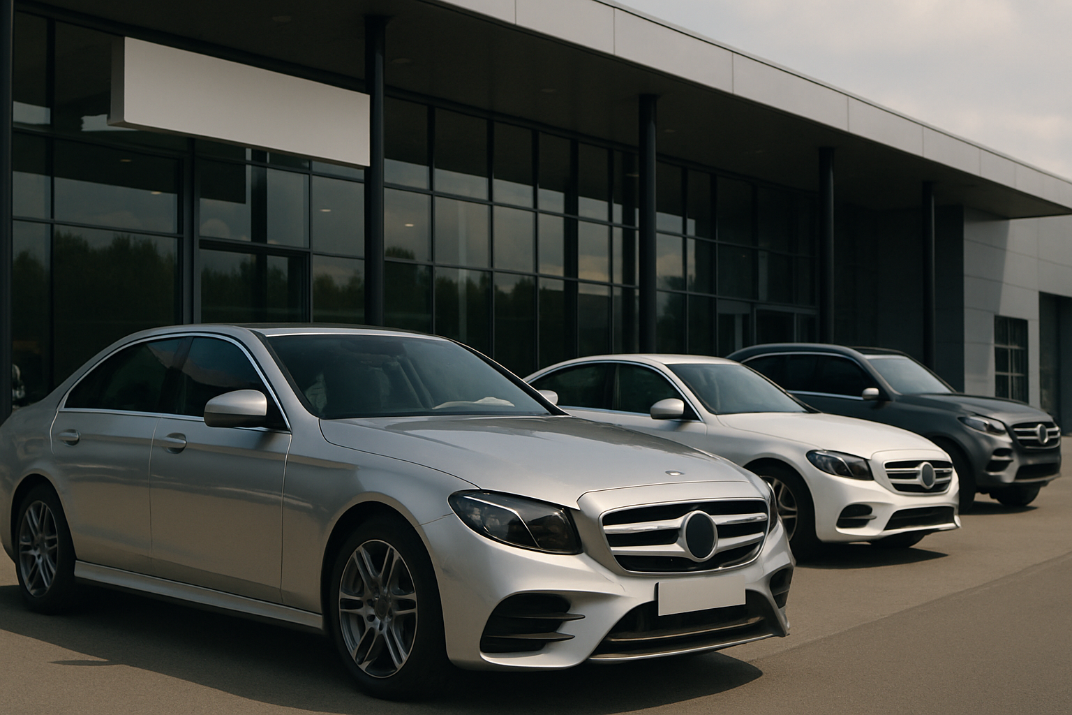 Three sleek silver cars with black grilles and tinted windows are parked on smooth pavement beside a modern glass building