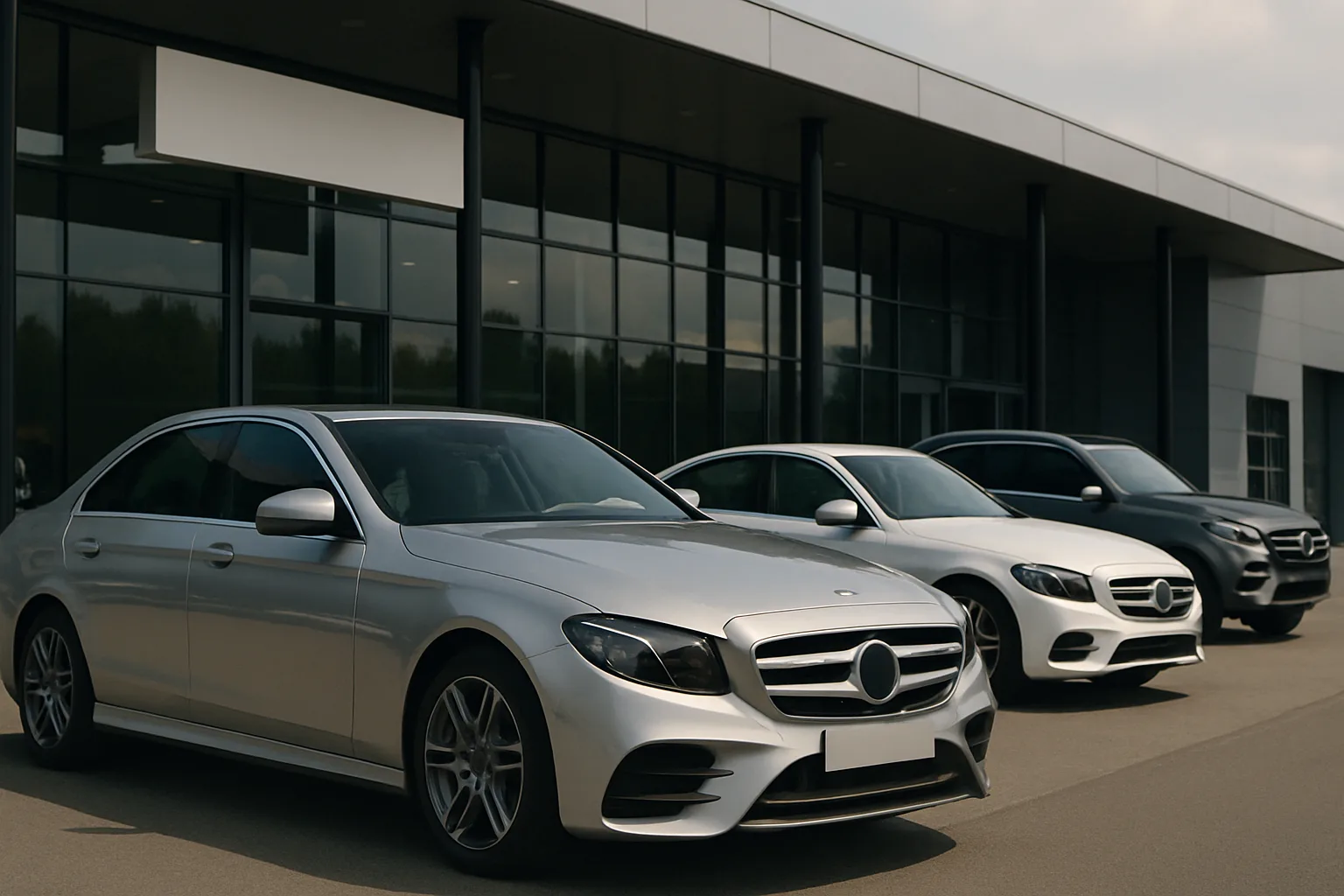 Three sleek silver cars with black grilles and tinted windows are parked on smooth pavement beside a modern glass building
