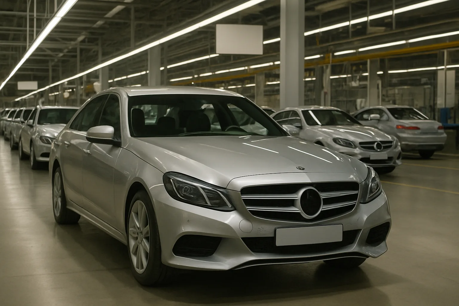 A row of sleek silver sedans lined up in a brightly lit, spacious industrial factory interior