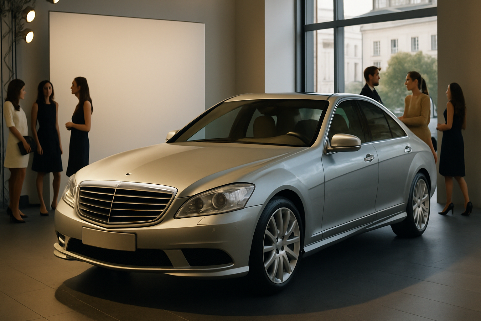 Sleek silver luxury car under soft indoor lighting with large windows and groups of elegantly dressed people nearby