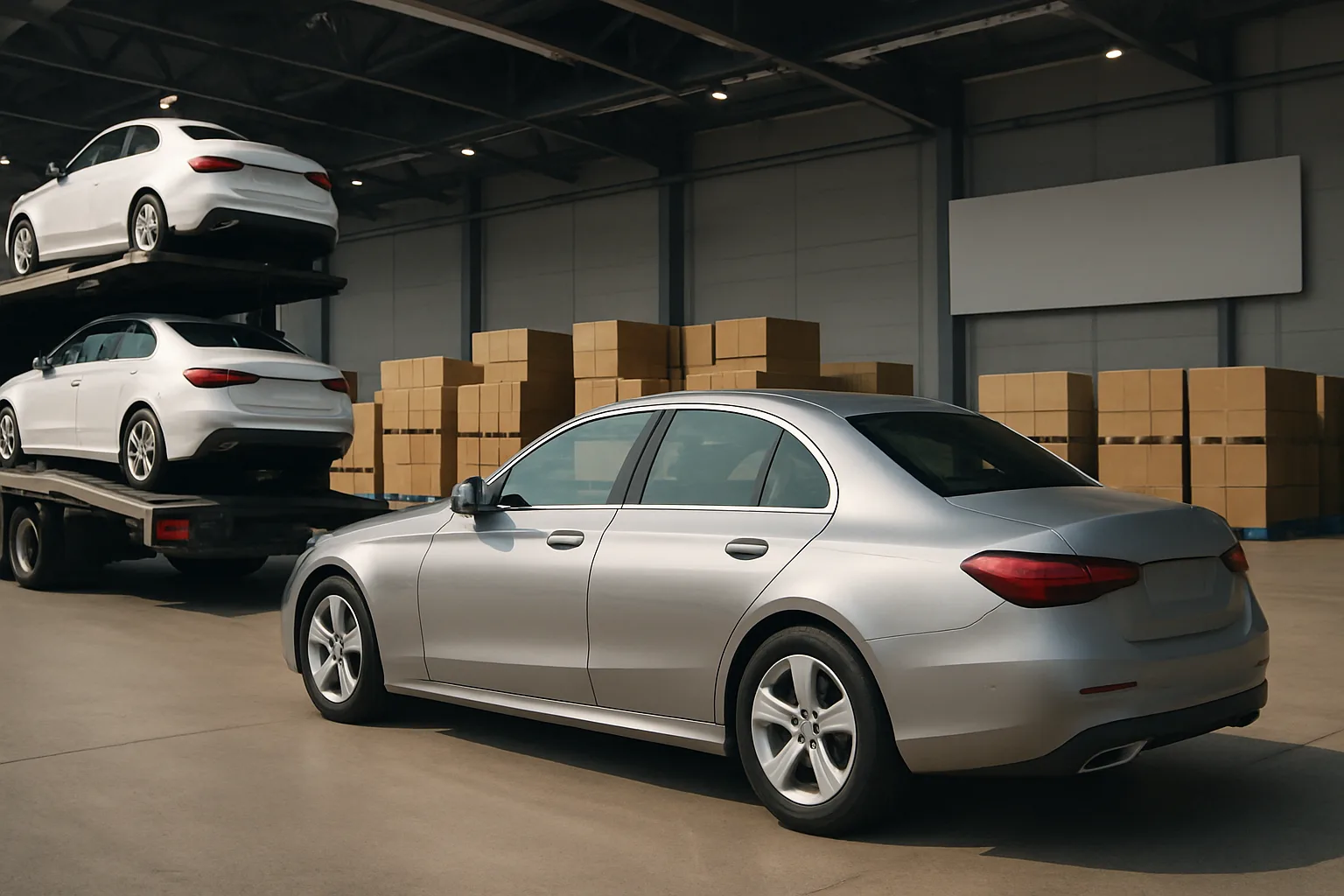 A silver sedan on concrete beside a trailer carrying two similar cars, with cardboard boxes stacked near a blank wall in sunlight