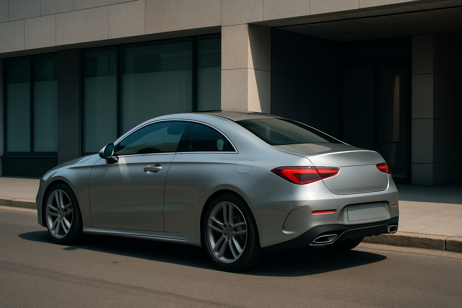A sleek silver coupe with tinted windows and sculpted lines parked on a city street beside a modern building