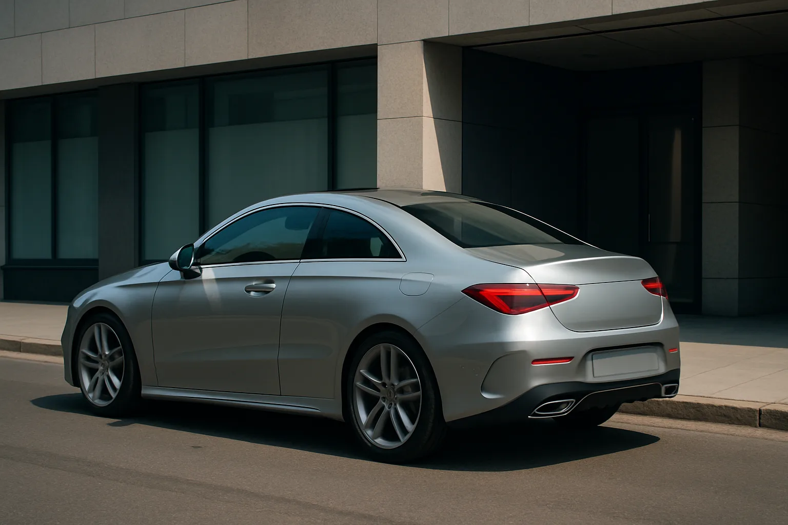 A sleek silver coupe with tinted windows and sculpted lines parked on a city street beside a modern building