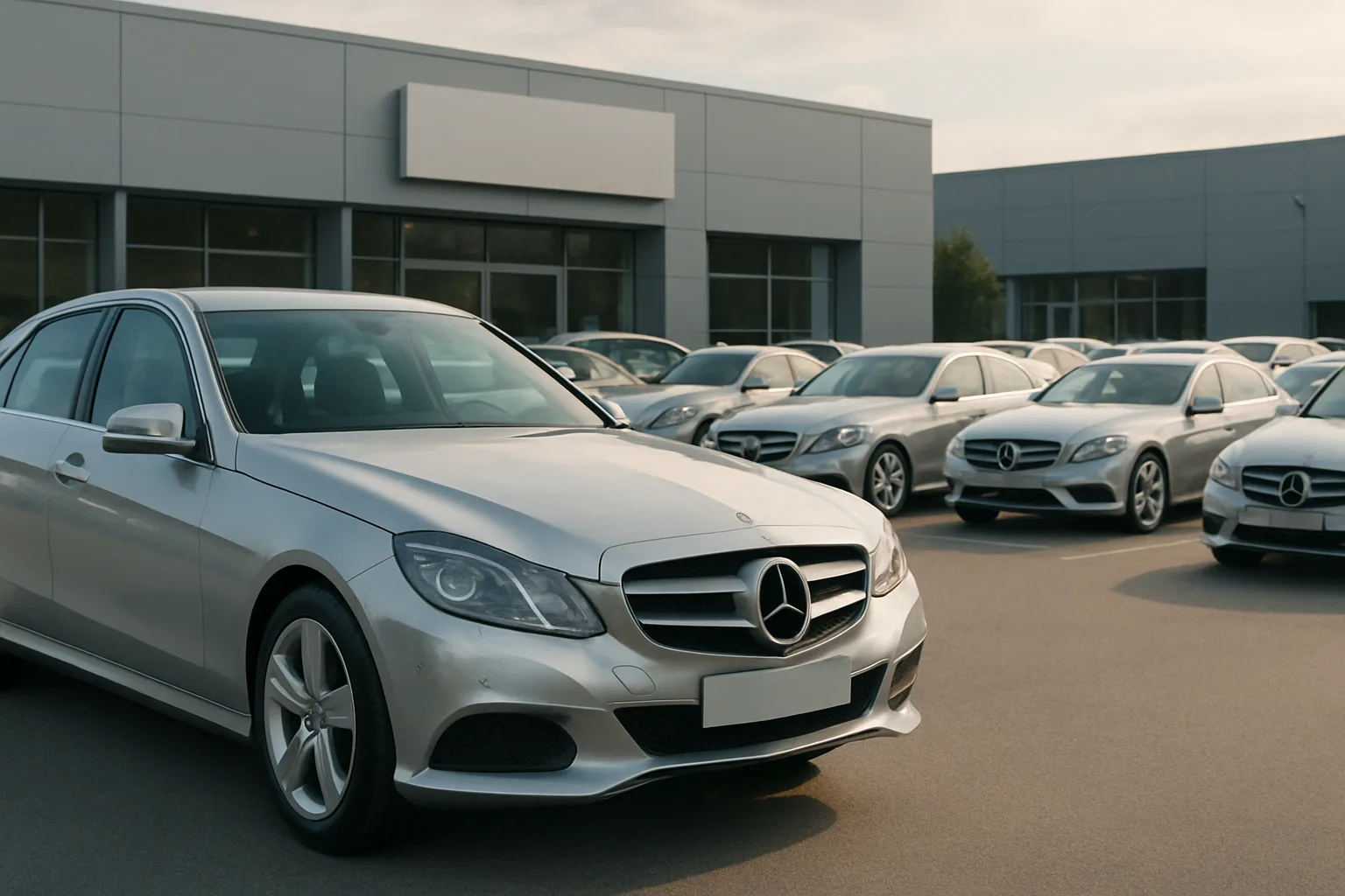Several sleek silver cars parked in neat rows outside a modern building under soft daylight