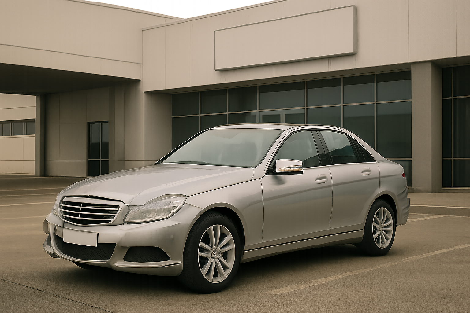 Silver sedan with chrome grille parked on smooth concrete outside a modern building with large glass windows and blank sign