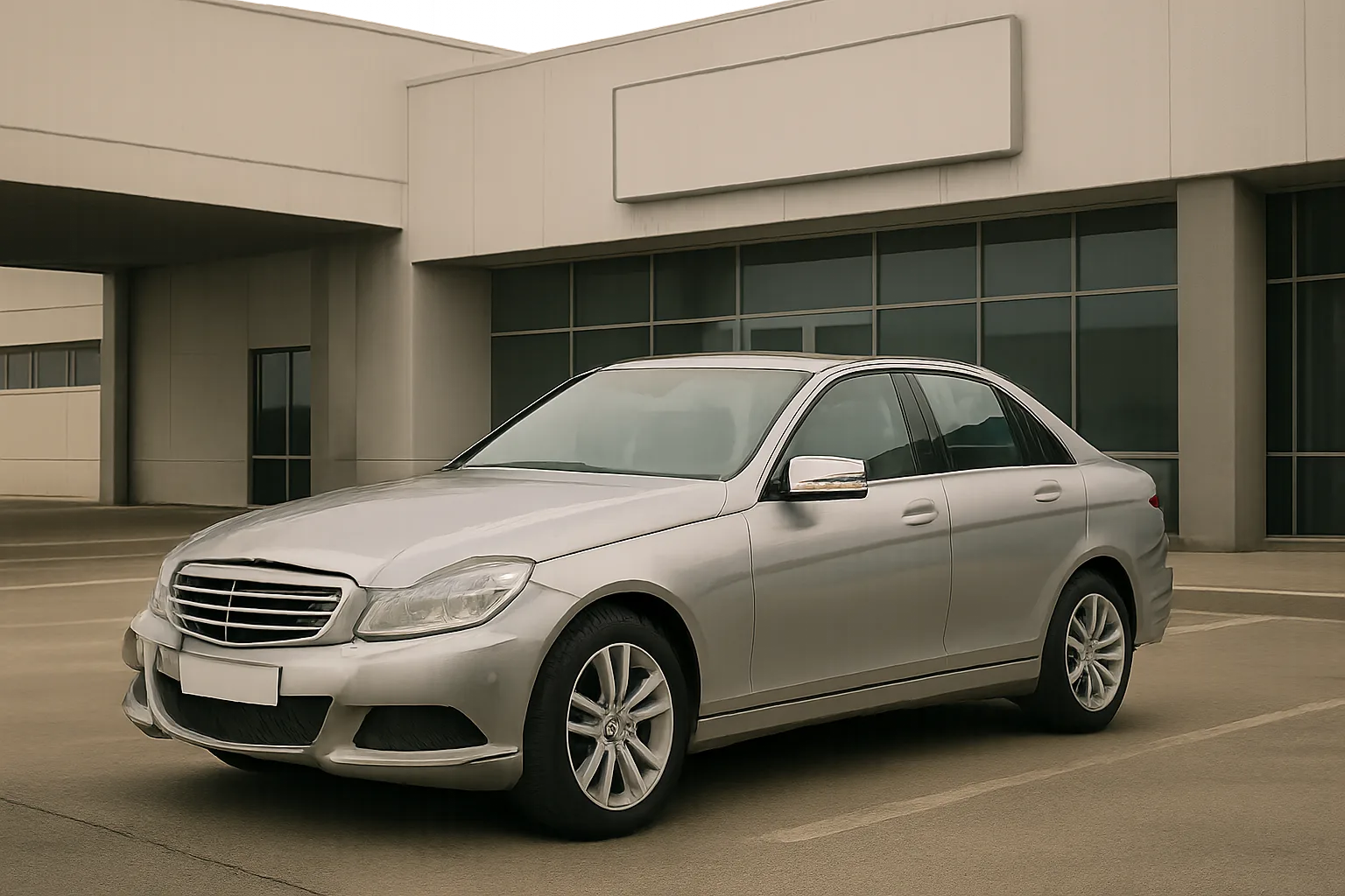 Silver sedan with chrome grille parked on smooth concrete outside a modern building with large glass windows and blank sign