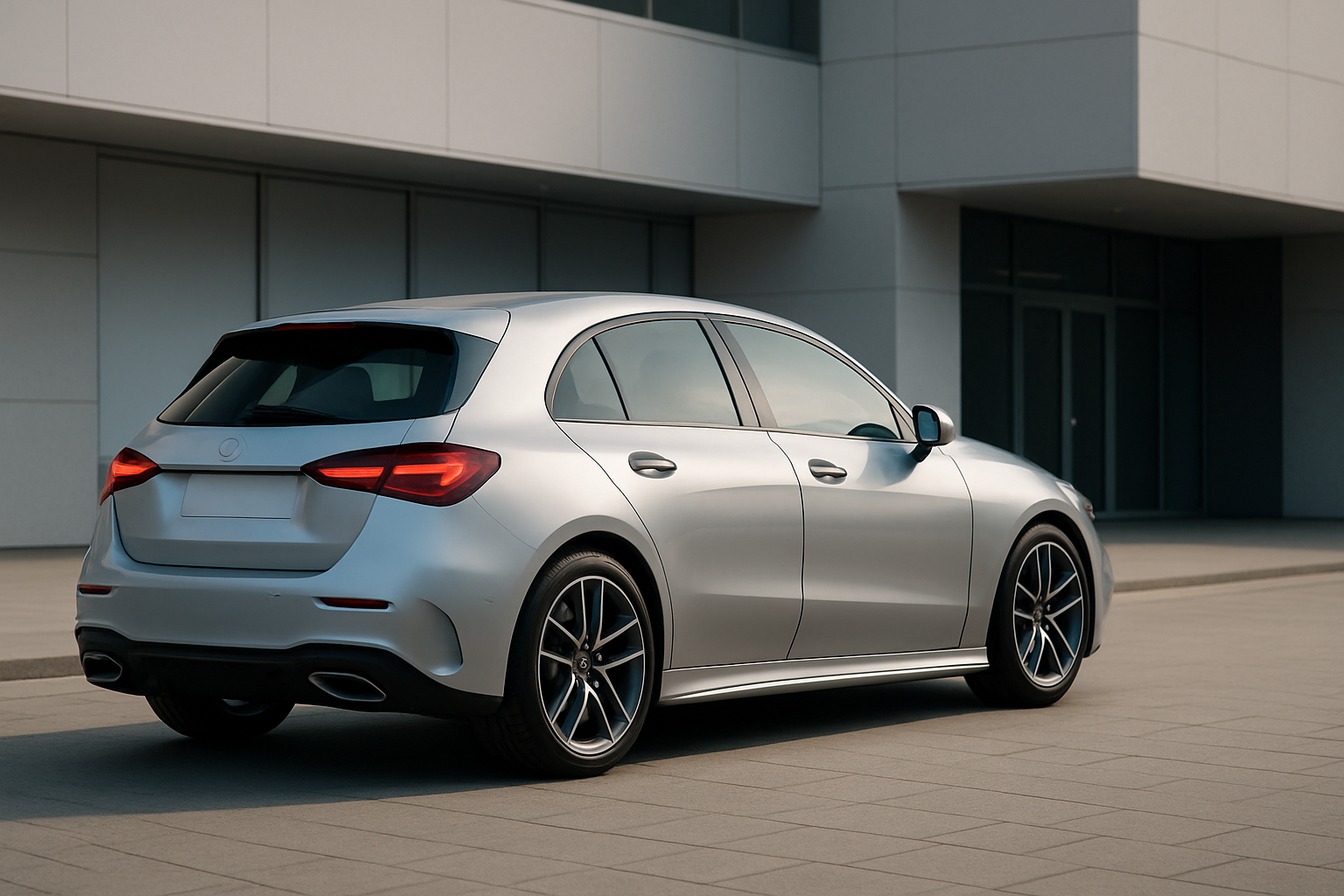 Sleek silver hatchback with tinted windows and black alloy wheels parked by a modern white building in soft daylight