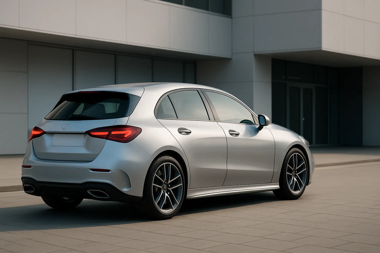Sleek silver hatchback with tinted windows and black alloy wheels parked by a modern white building in soft daylight