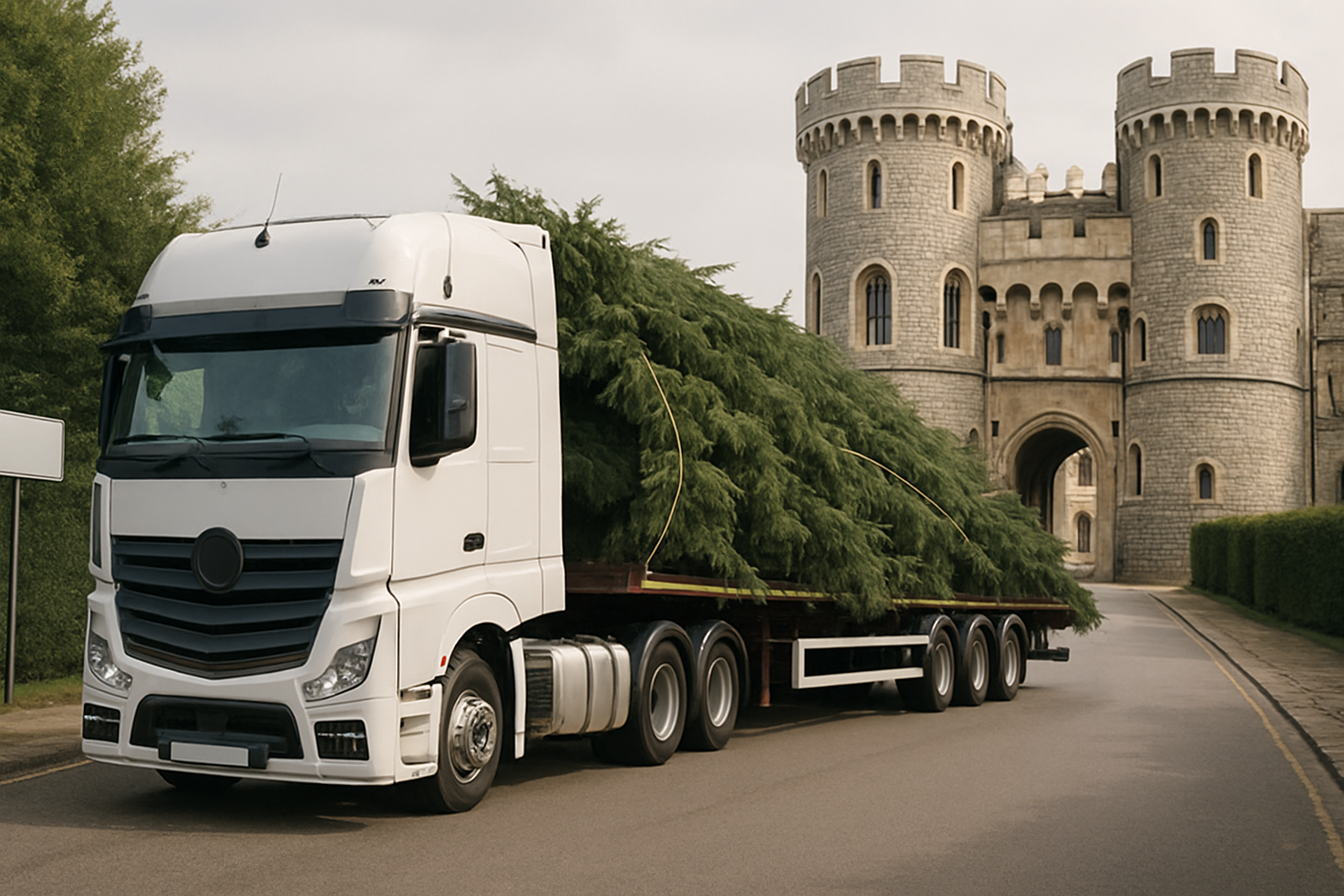 Large white articulated lorry carrying a tall green fir tree approaches a historic stone castle gateway under soft daylight
