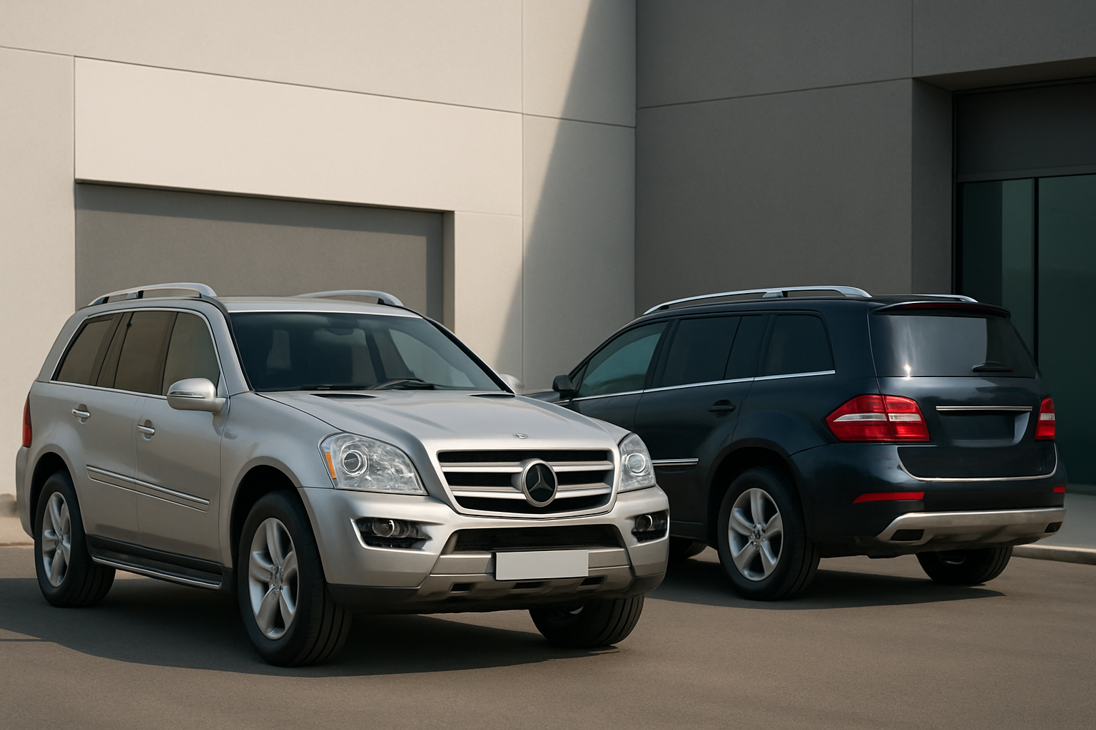 Two large SUVs, one silver and one dark blue, parked on smooth pavement beside a modern light-grey building