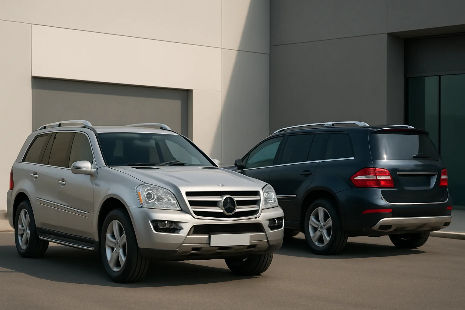 Two large SUVs, one silver and one dark blue, parked on smooth pavement beside a modern light-grey building