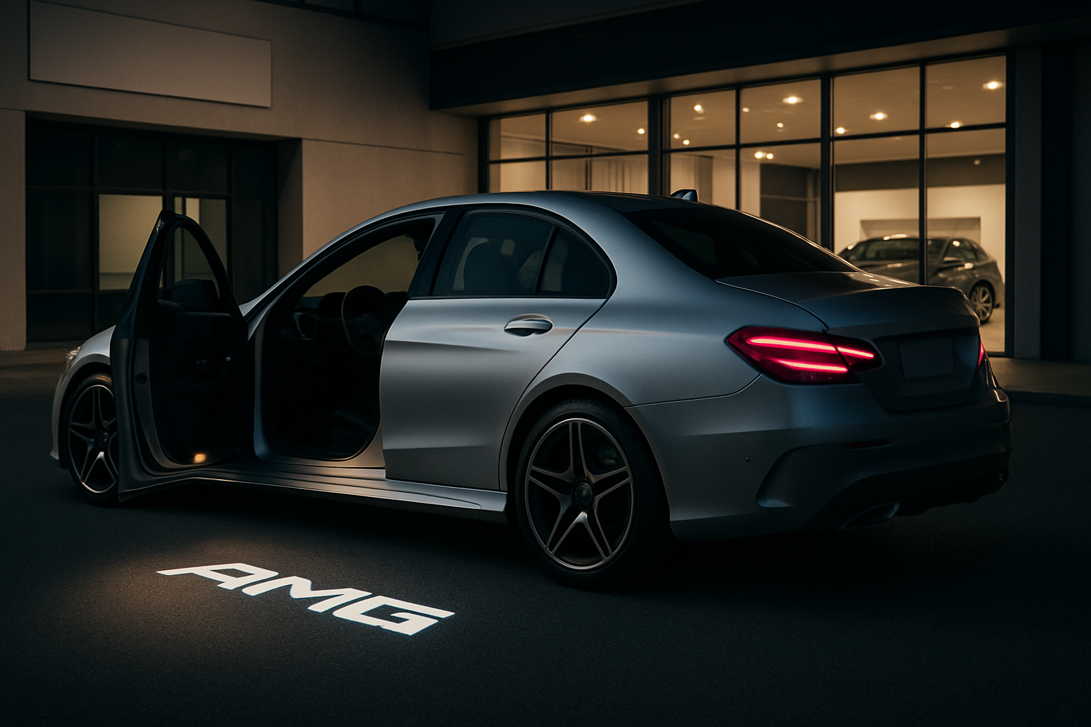 Silver sedan with open door parked at dusk, projecting bright white AMG logo onto the dark ground near a modern building