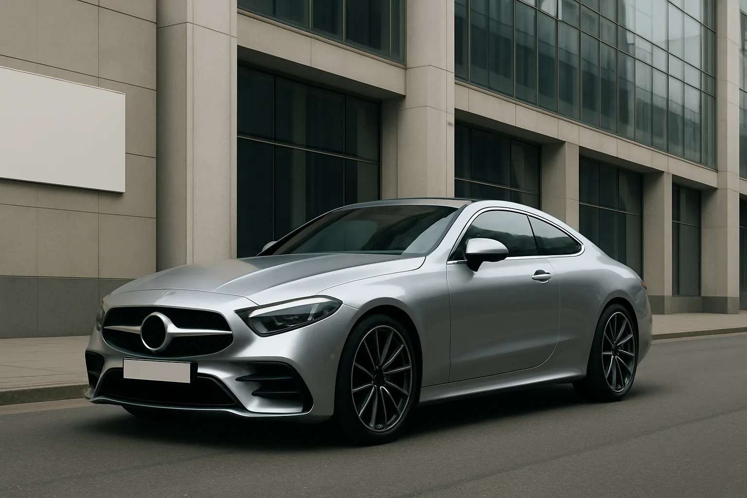 A sleek silver coupé with dark tinted windows and black alloy wheels parked beside modern glass and stone buildings