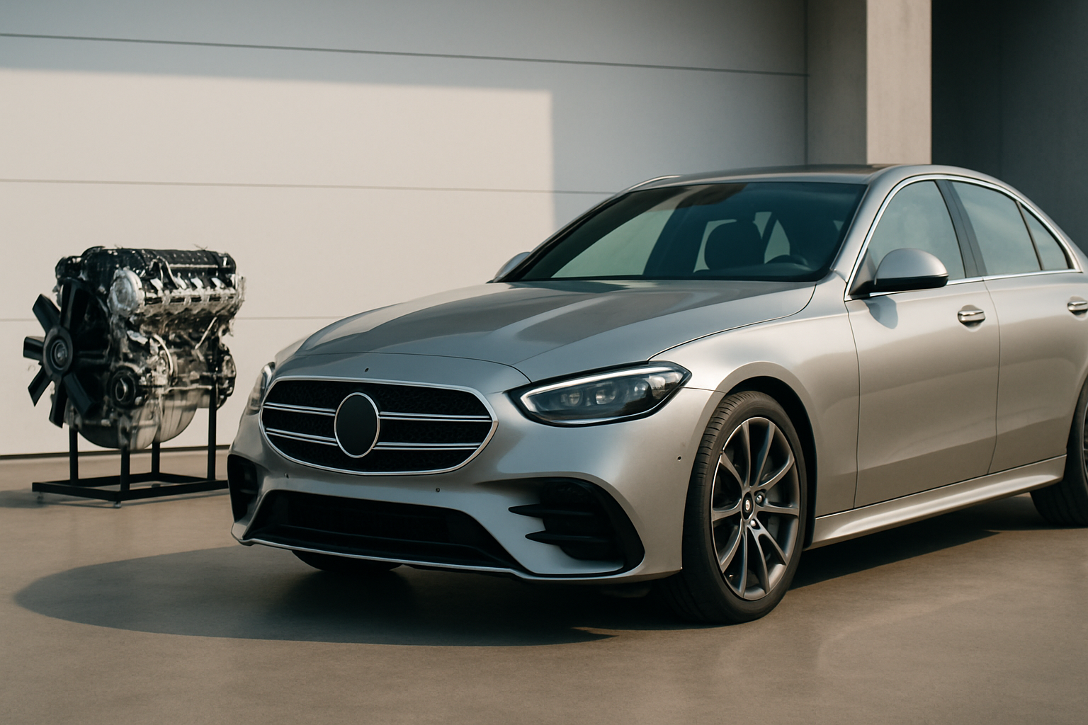 A silver sedan parked in sunlight next to a large metallic engine on a stand against a modern white wall