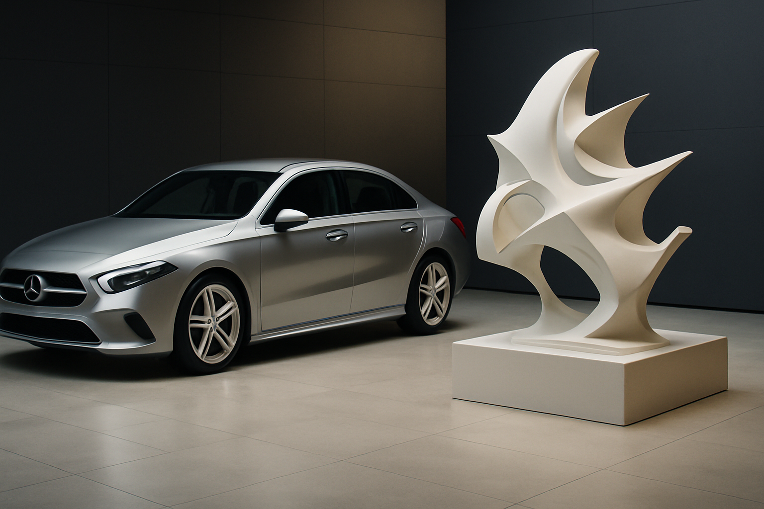 A smooth silver car beside a large abstract white sculpture with sweeping, curved forms on a plinth in a minimalist room