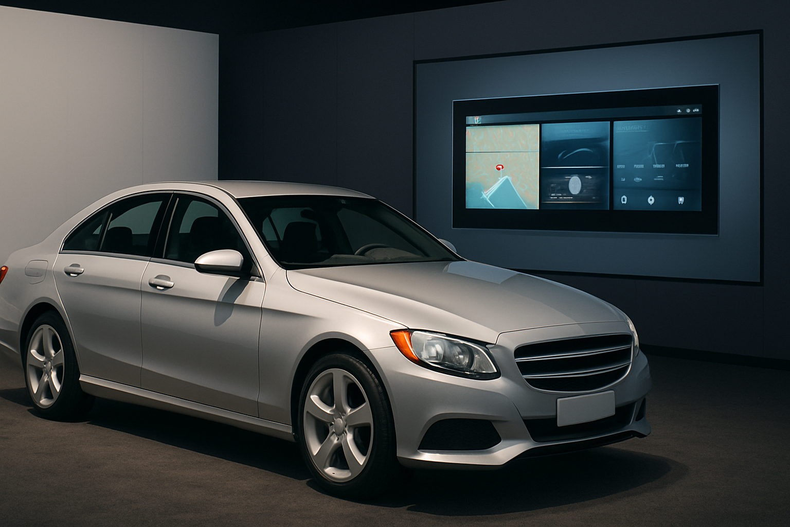 A silver car parked indoors under soft lighting with a large wall-mounted digital screen displaying map and app icons in the background