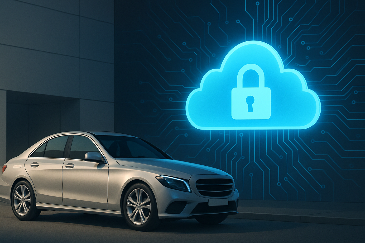 Silver car parked beside a building at night, with a glowing digital cloud and padlock symbol on a wall nearby