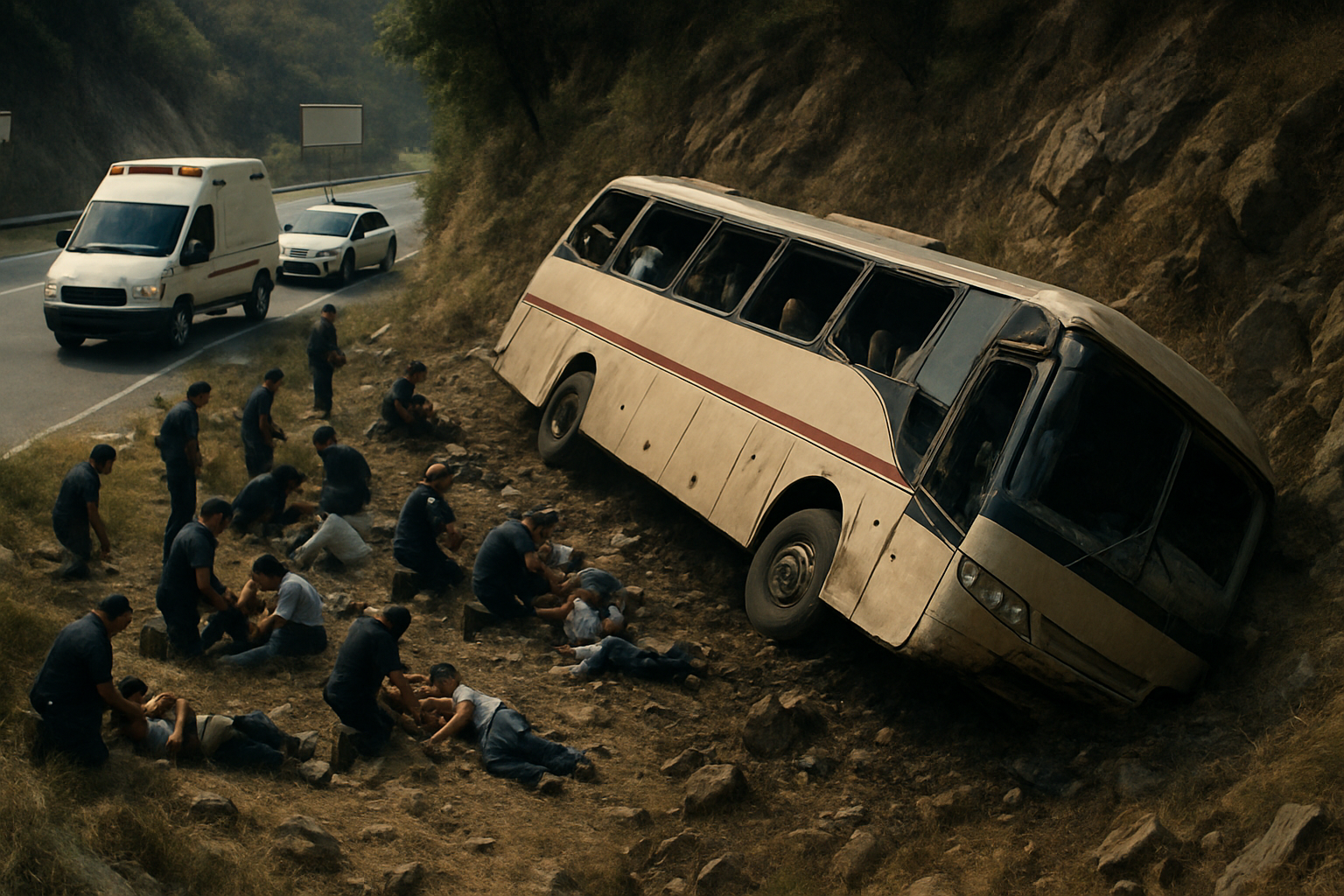 A tilted, beige bus rests on rocky terrain beside a road as uniformed people attend to injured figures on the ground