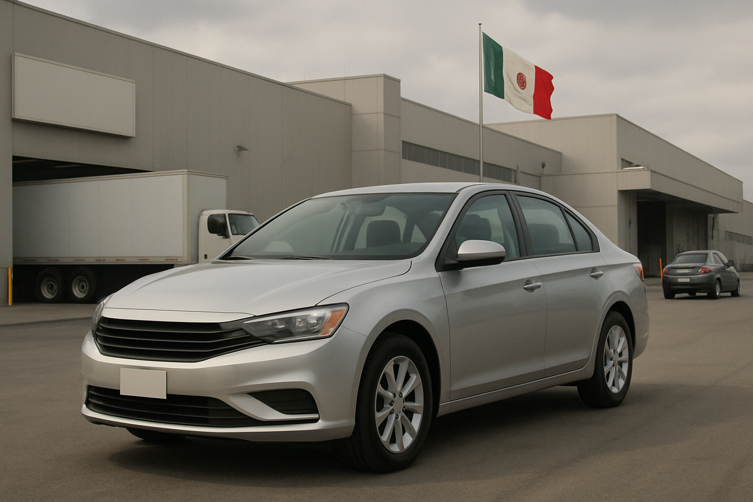 A silver sedan parked in front of a modern industrial building with a Mexican flag flying on a cloudy day