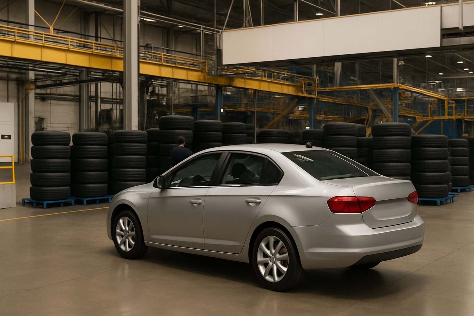 A silver sedan parked on a glossy concrete floor with large stacks of black tires and yellow metal structures in the background