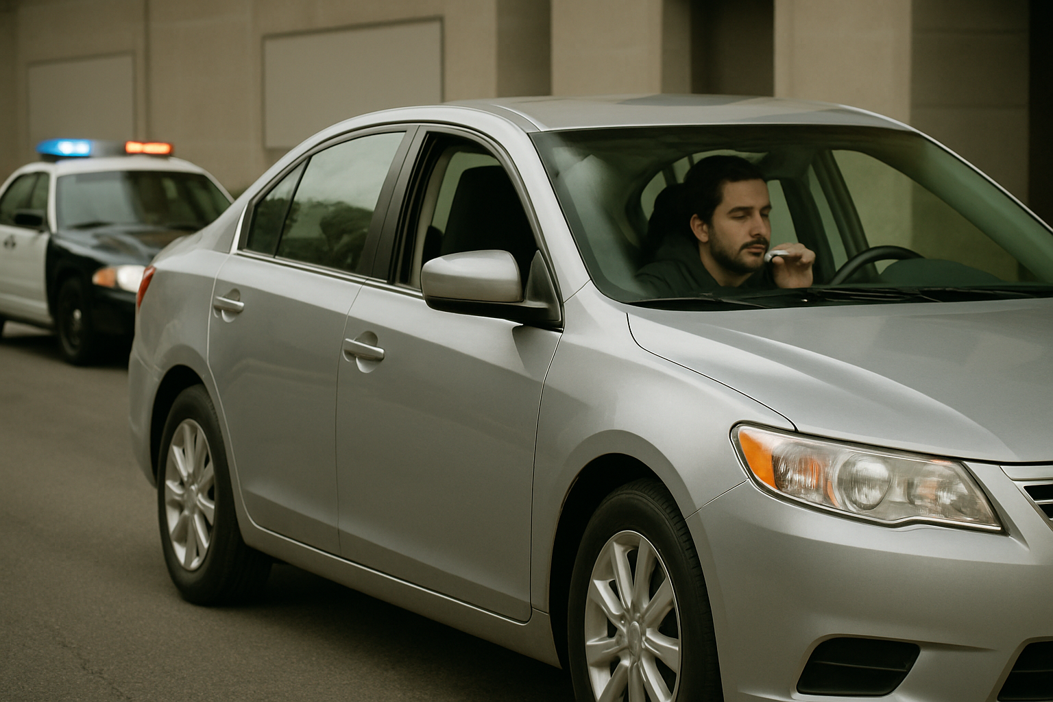 A man in a silver sedan holds a small object near his mouth while a police car with flashing lights is parked behind him