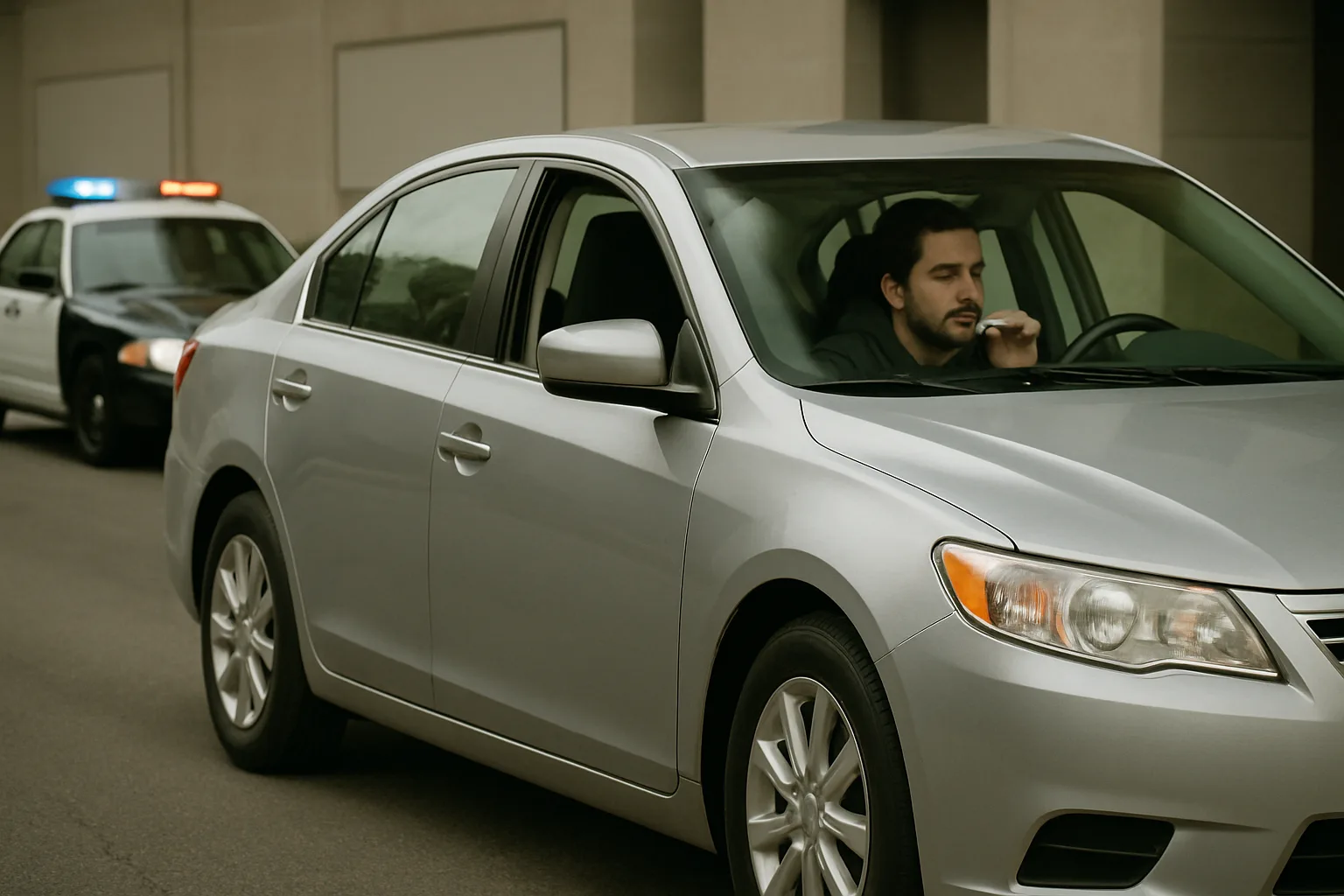 A man in a silver sedan holds a small object near his mouth while a police car with flashing lights is parked behind him