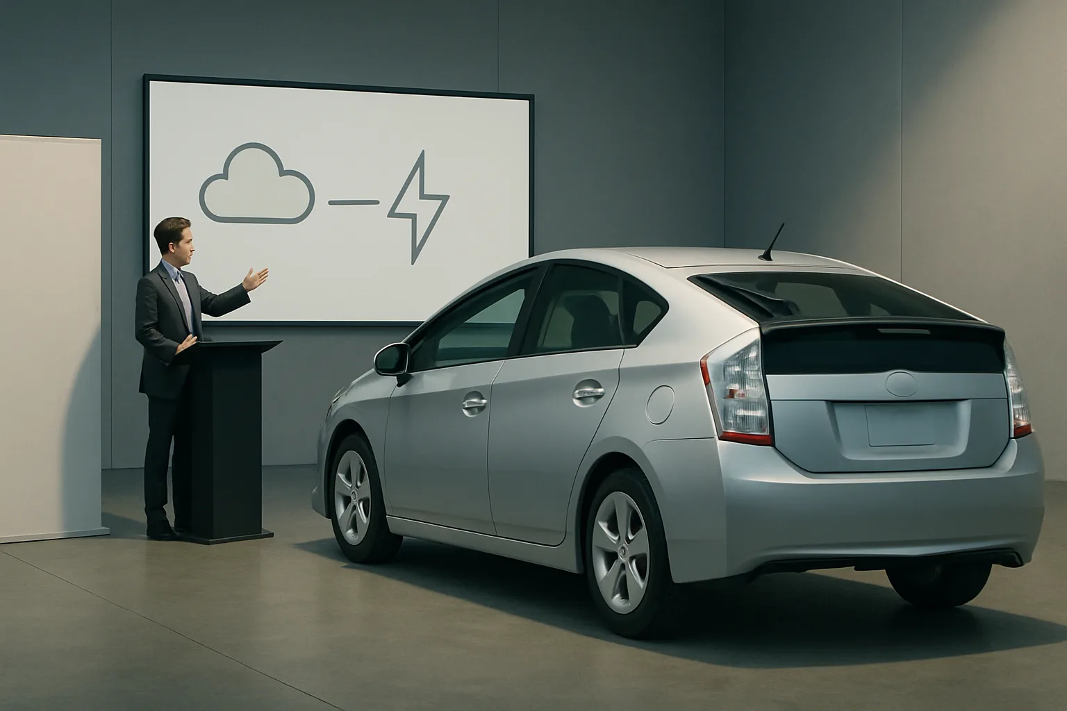 A silver car parked indoors beside a man at a podium gesturing to a screen showing cloud and energy symbols