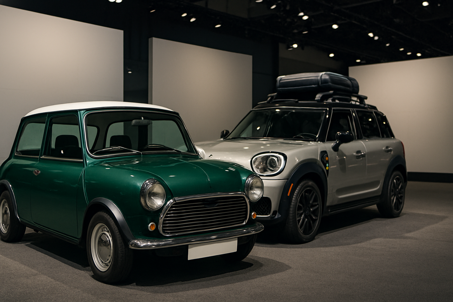 Two compact cars parked side by side indoors, one green with white accents and one silver with a roof box, under soft lighting