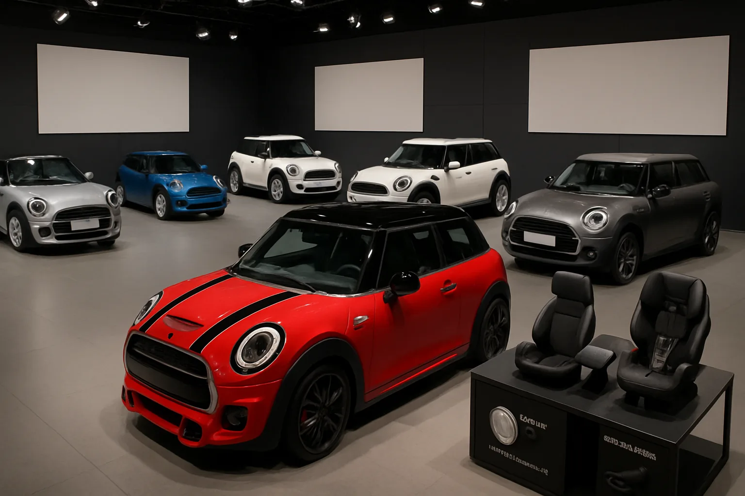 Seven compact cars in varied colors are displayed in a showroom with spotlights, alongside a stand featuring two car seats