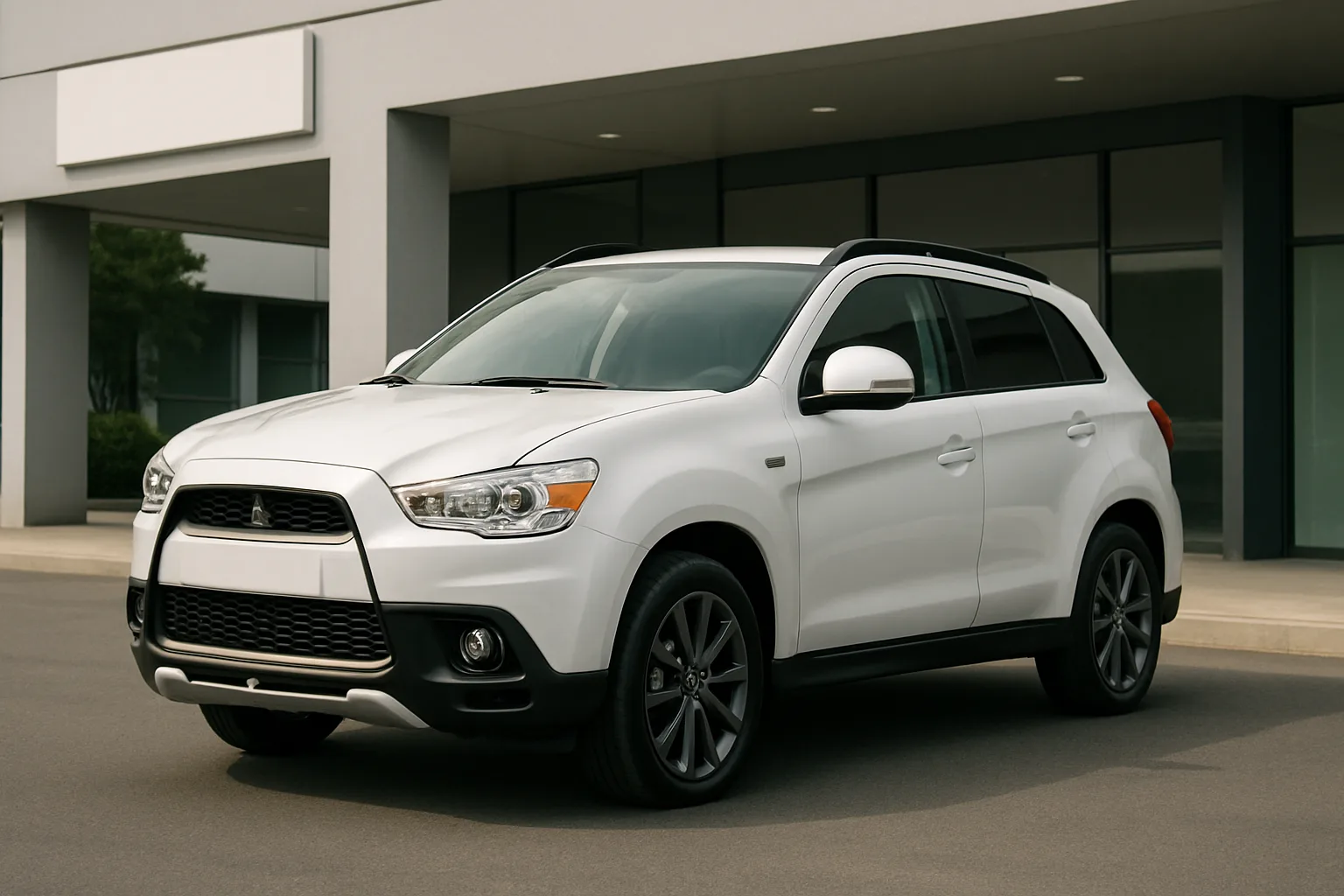 A white SUV with black trim and dark alloy wheels parked on smooth pavement in front of a modern glass building