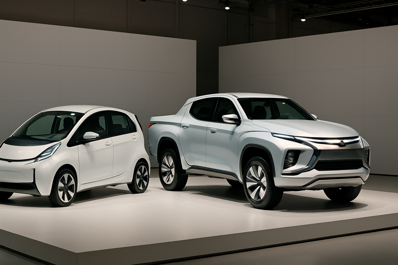 Two sleek, futuristic vehicles—one compact and one pickup—stand on a white platform under bright exhibition lighting